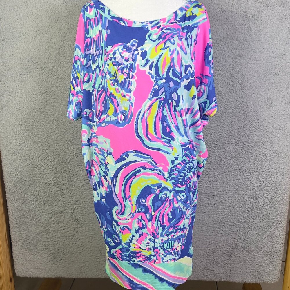 Lilly Pulitzer Lowe Dress Womens Medium Blue Colorful Short Sleeve Preppy